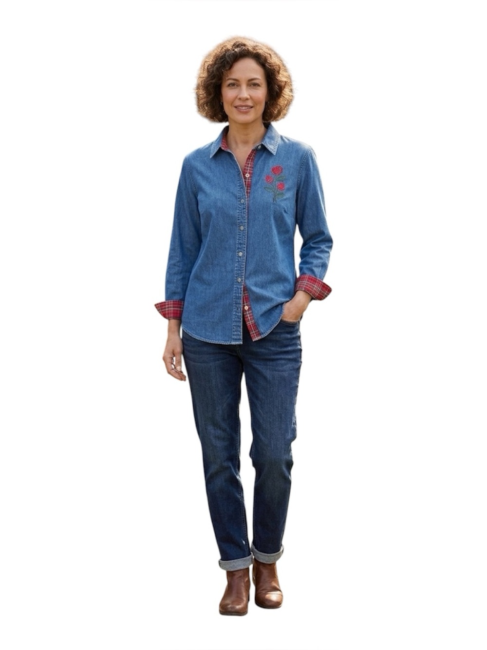 Cabin Creek Denim Embroidered Rose Shirt Petite Medium PM Plaid Cottagecore Blue